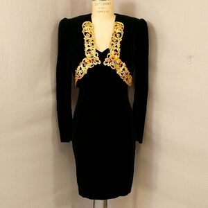 Sexy Velvet Set Crop Bolero w Strapless Mini Dress Jet Black Bling Trim Lg 12